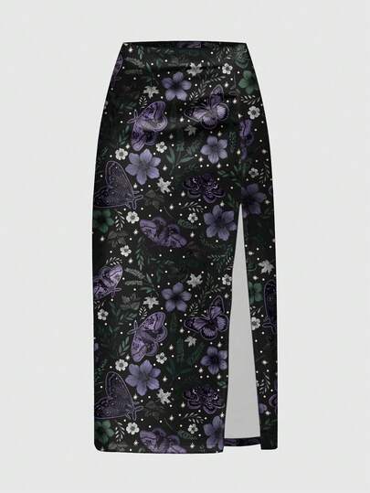 Fairycore Bohemian Autumn/Winter Butterfly, Fallen Leaves, Maple Leaf, Moon & Star Allover Print High Slit Skirt For Women