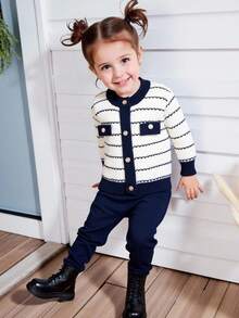 SHEIN Vintaside Kids 2pcs Baby Girls Striped Pattern Round Neck Button Front Long Sleeve Top And Solid Color Pants Sweater Set - Royal Blue - View 3