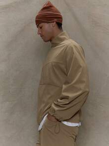 Musero Men Long Sleeve Oversized Stand Collar Hidden Asymmetric Placket Press Button Fastening Co-Ord Sets Top Only Fall/SPRING SUMMER Clothes - Khaki - View 4