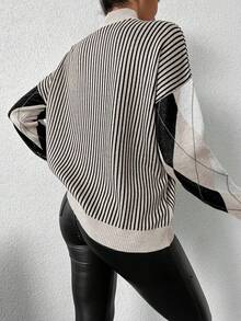 SHEIN Cottnline Women's Stand Collar Geometric Striped Drop Shoulder Sweater - Multicolor - View 2
