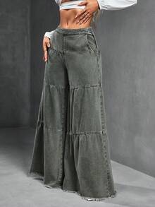 SHEIN SXY 女式宽松男友风破洞下摆拼布牛仔裤 - 軍綠色 - 查看 7