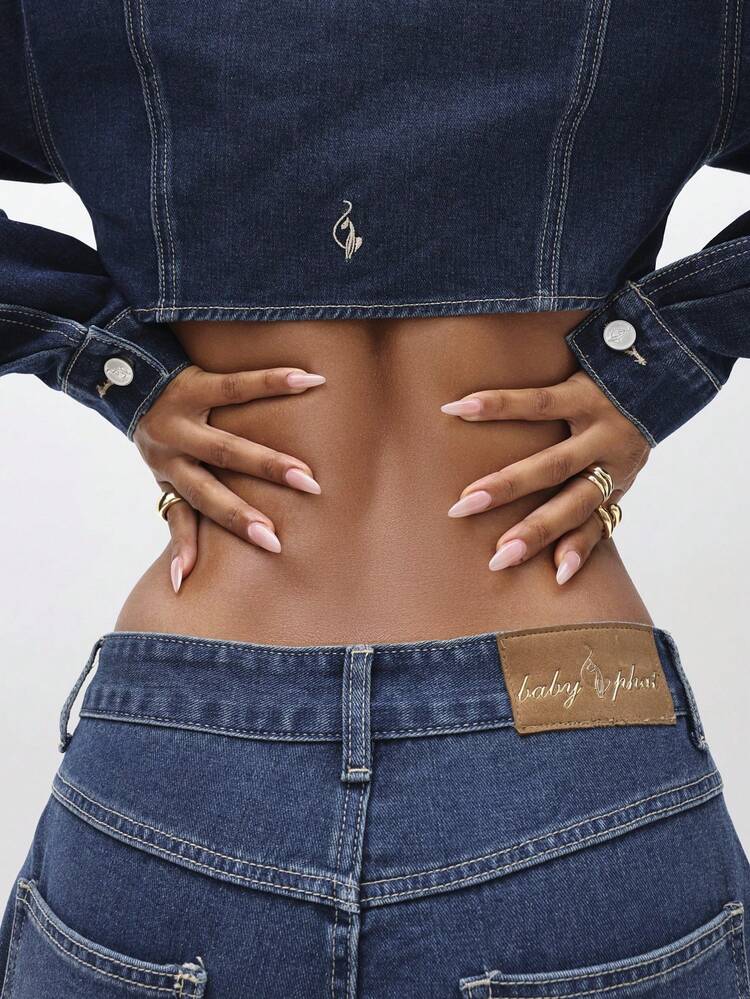 BABYPHAT Cropped Denim Jacket With Embroidered Script Detail And Distressed Finish For Women Fall Winter Outerwear