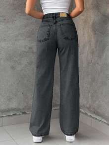 EURMUSE 100%Cotton Bleach Wash Straight Leg Jeans - Dark Grey - View 2