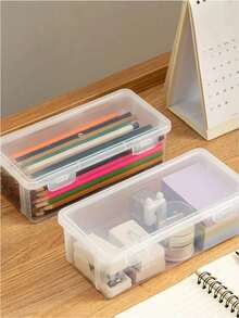 2pcs Large Transparent PP Storage Boxes With Lids, Lightweight Unfinished Surface For Office/School Supplies, Pens, Pencils, Markers, Crafts, Desk Storage, Makeup, Jewelry, Suitable For Girls, Minimalist Style, Portable, Random Color(Only The Box, Without The Pencil.) - Clear - View 7