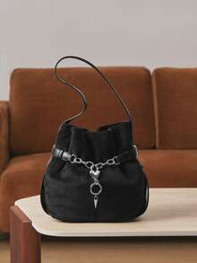 SHECARRY 女士, 女式单肩包, 流浪包, 水桶包, 天鹅绒, 拼接, PU, 黑色, 链条装饰, 心形五金吊坠, 复古, 复古, 时尚, 优雅, 简约, 个性, 百搭, 经典, 通勤, 办公, 约会, 日常, 购物, 下午茶 - 黑色 - 查看 1