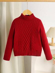 SHEIN LMoss Kids 女童純色立領修身休閒秋季針織毛衣 - 酒紅色 - 查看 3