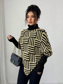 Selianne Women's Elegant High Neck Geometric Textured Poncho Sweater, Colorblock, Suitable For Home & Travel, Spring/Autumn - Yellow - View 4