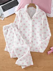 Teen Girl Flannel Bow Print Lapel Collar Long Sleeve Pants Loungewear Set - Multicolor - View 1
