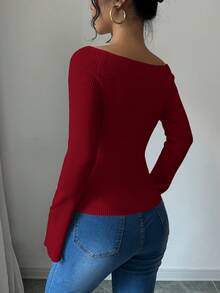 Elenzga 1 件露肩喇叭袖修身女式毛衣 - 紅色 - 查看 3