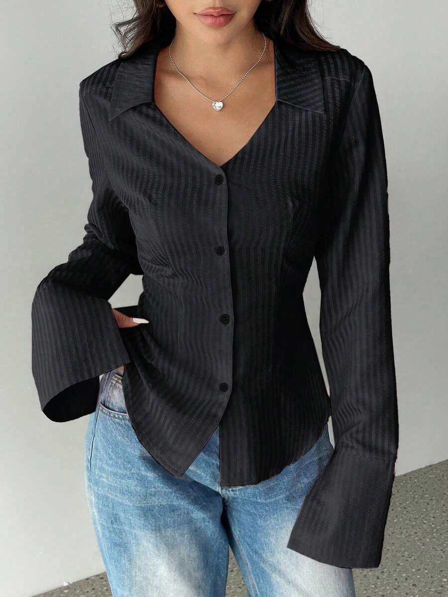 SHEIN Unity Women's Front Button Long Sleeve Striped Minimalist Shirt, Casual Everyday Wear Fall Cloth For Women - Black - View 1