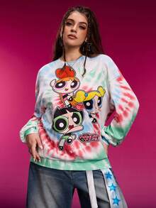 THE POWERPUFF GIRLS X SHEIN 大码休闲扎染花朵、泡泡、毛茛图案落肩卫衣，秋季可爱扎染卫衣，女式卫衣，印花卫衣，女士冬季服装 - 彩色 - 查看 1