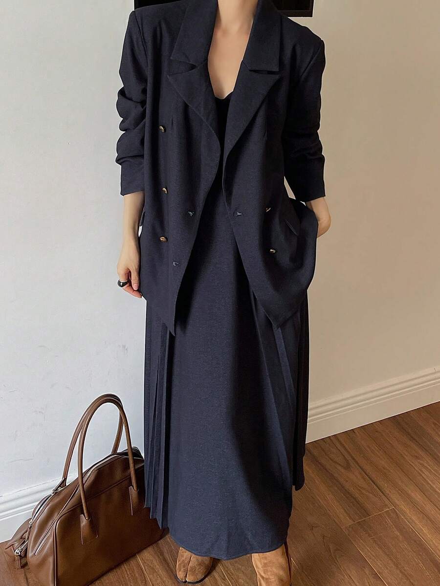 DAZY Damen elegantes, locker geschnittenes Blazer-Jackett mit Doppelreihe Knöpfen und langem plissiertem Rock 2 Stücke Set, Freizeitkleidung