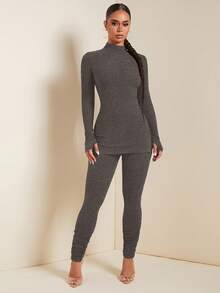 SHEIN SXY 秋季女装；女士纯色立领长袖上衣和裤子两件套保暖保暖套装；；；棕色西装两件套，女士舒适两件套家居服；女士灰色两件套；打底裤两件套；舒适两件套 - 灰色 - 查看 3