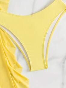 Vaytide 3pcs/Set New Yellow Halter Backless Top,Triangle Bottoms,Ruffle Trim Mesh Beach Pants, Casual Summer Holiday Vacation Bikini Swimwear Set Women - Yellow - View 9