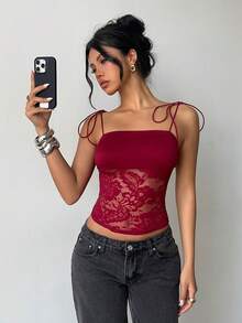 Aloruh 女士新款纯色酒红色蕾丝吊带背心，蝴蝶结肩带，Y2K 短款上衣，性感优雅 - 酒紅色 - 查看 2