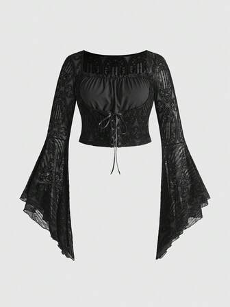 Goth Blusa da donna taglie forti con stampa floccata a motivo gotico e chiesa, maniche a campana, scollo quadrato