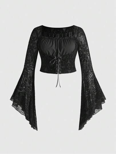 Goth Blusa de manga acampanada con cuello cuadrado, estampado floreado y efecto flockado para mujer de talla grande con estilo gótico