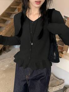 DAZY Women's Casual Ruffle Trim Round Neck Long Sleeve T-Shirt, Korean Style - Black - View 3
