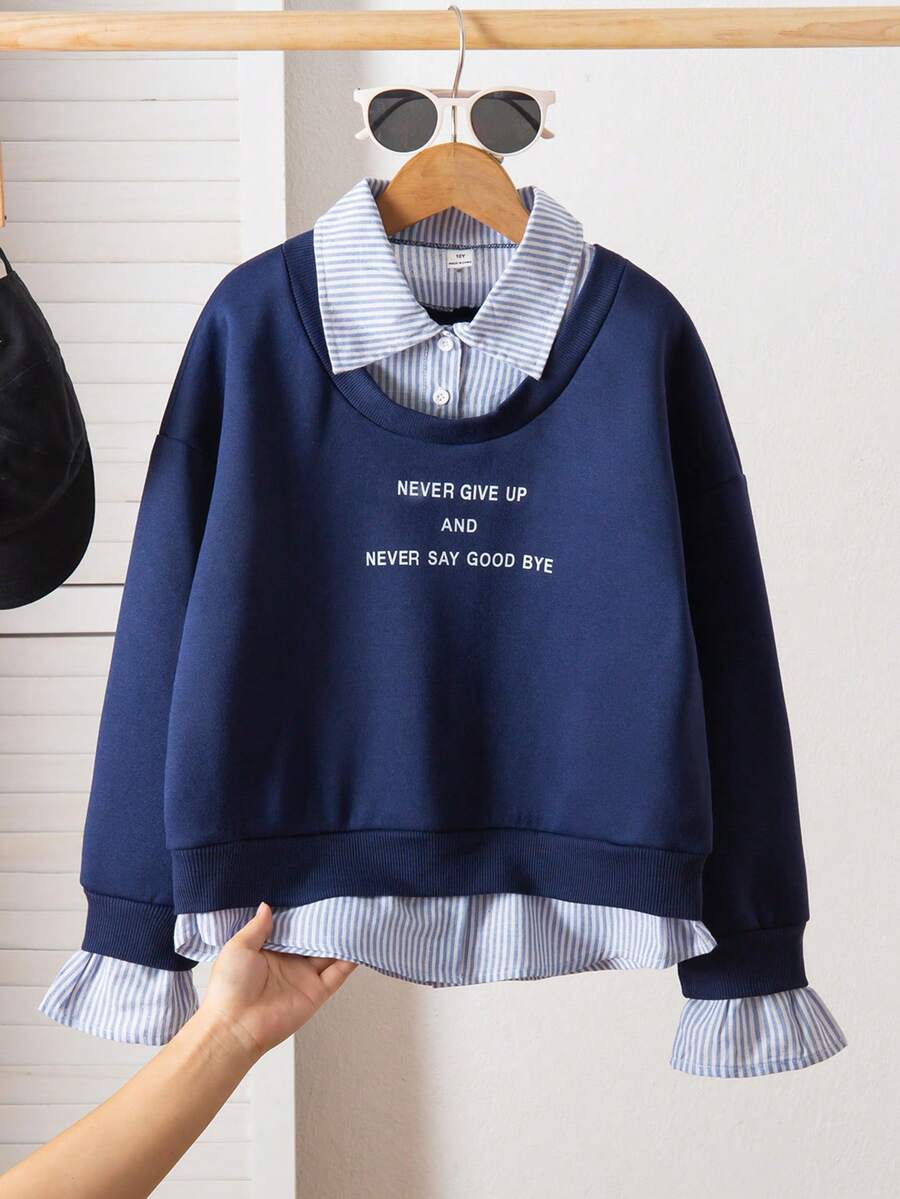 Genkimix Kids 少女条纹字母印花休闲卫衣，秋冬季款 - 藍色 - 查看 1