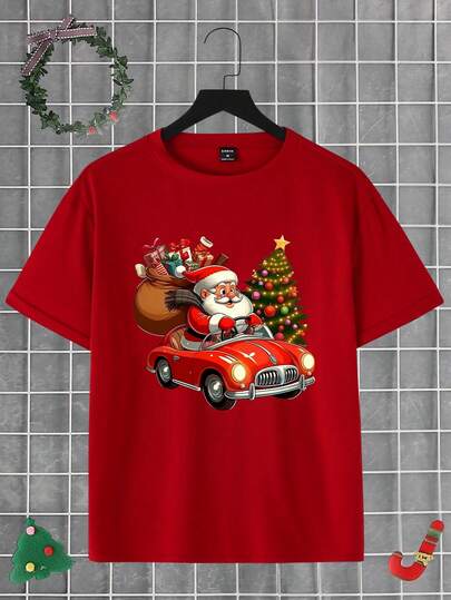 圣诞休闲男士短袖 T 恤，带有创意卡通圣诞老人和汽车印花，舒适基本款 T 恤，适合圣诞派对