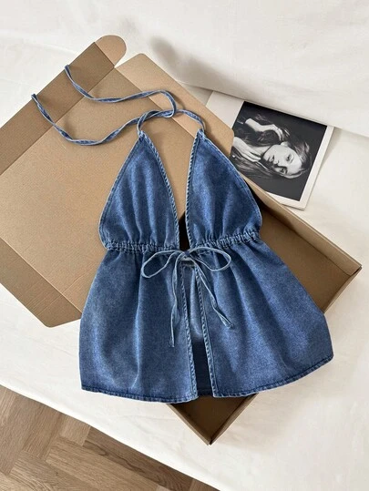 Comfortcana Top halter de mezclilla casual sin espalda con nudo de unicolor para mujer