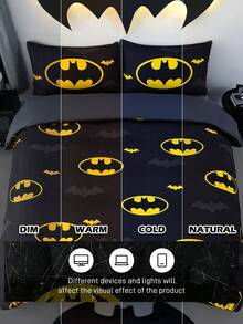BATMAN X SHEIN 3pcs Black All-Over Bat Print Duvet Cover Set, Brushed Material, Soft And Warm, Multiple Sizes, Suitable For Single/Double/Queen/King Size Beds