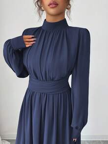 Elenzga Đầm maxi dài tay dáng chữ A thắt nơ, phong cách Sicily thanh lịch, lãng mạn, màu nâu trơn dành cho nữ, thích hợp mặc khi đi làm, đi nghỉ, tiệc trà chiều, dự tiệc, xuân/thu/đông - Màu xanh hải quân - Xem 7