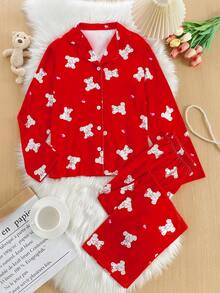 2件套少女休闲可爱小熊图案长袖上衣和长裤套装 - 紅色 - 查看 5