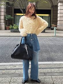 FRIFUL 女士纯色杏色圆领长袖蓬松宽松休闲套头卫衣，秋冬款 - 杏色 - 查看 1