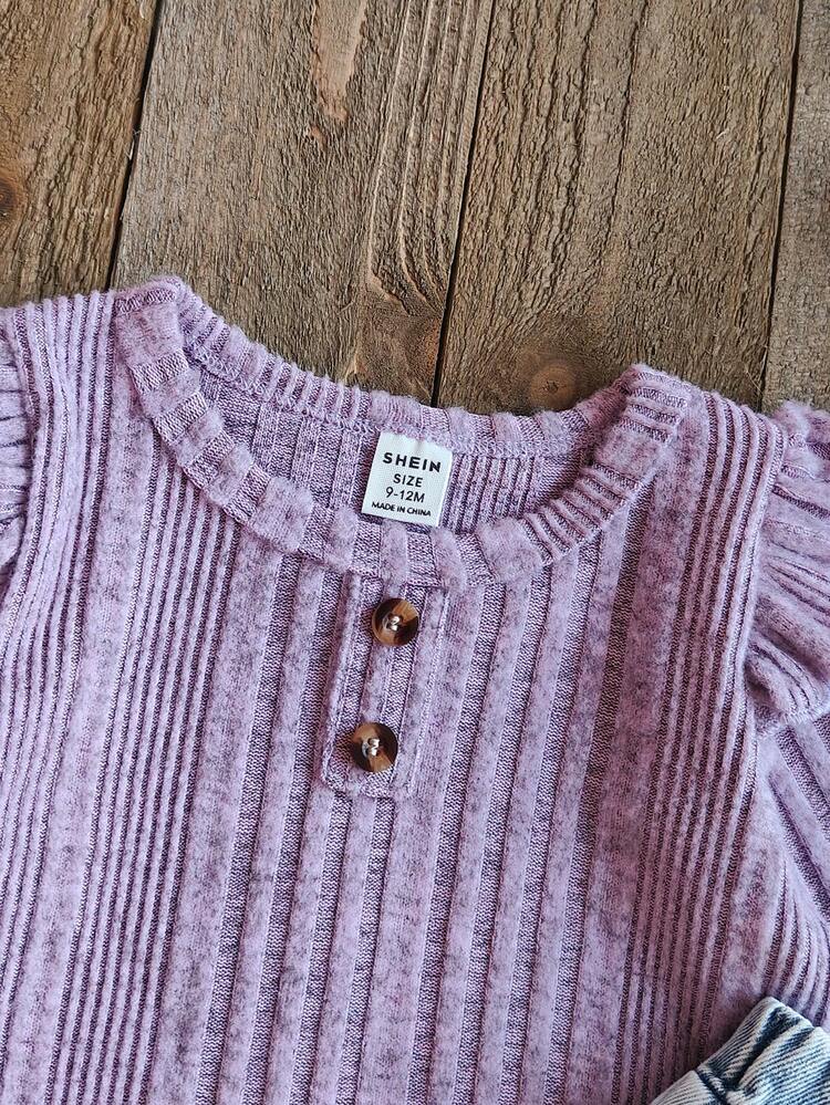 SHEIN 幼児女の子用 ドリーミーなパープルのクルーネック長袖トップ デニムジーンズとのコーデ、フローラル刺繍アクセント、カジュアルシックスタイル、お出かけ、学校、友人との集まり、週末のパーティーに適しています - マルチカラー - 見る 8