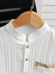 SHEIN 2 件套年轻男孩夏季休闲短袖衬衫和长裤套装 - 卡其色 - 查看 6