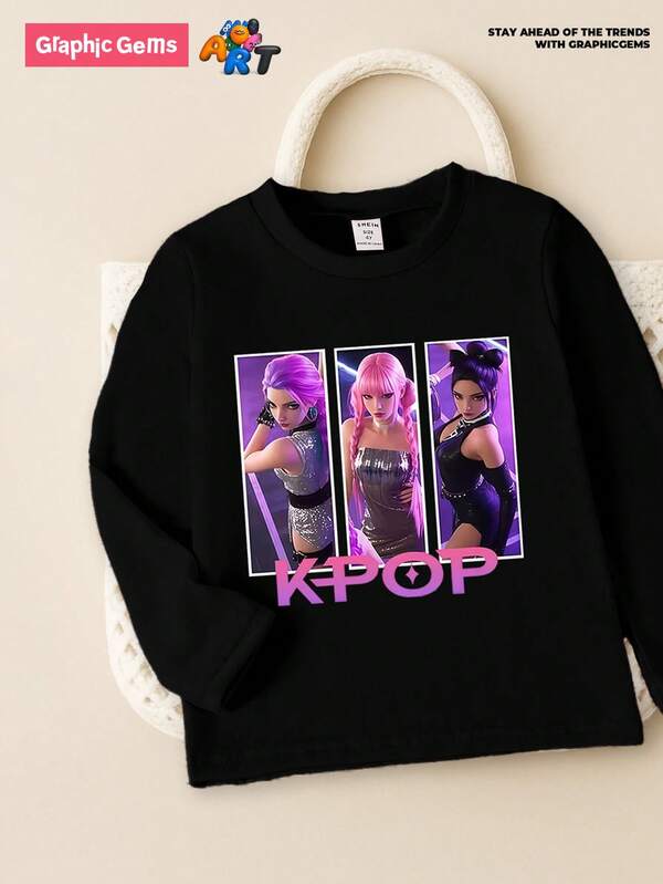 Young Girls Casual Cute Cartoon K-Pop Anime Girl Graphic Print Black Crew Neck Long Sleeve T-Shirt, Suitable For Autumn/Winter Tops