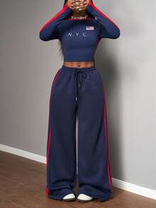 Slaydiva 2025 Automne et Hiver Nouveau Ensemble Deux Pièces Casual Slim Fit Bleu Marine et Rouge Ruban Motif Lettre Col Rond Manches Longues T-Shirt + Pantalon Fuselé à Taille Haute et Jambes Larges Plissé. Convient pour la rentrée scolaire, les tenues de rave, Halloween, Noël, sortie, tenue d'anniversaire, brunch pour femmes, soirée, tenues quotidiennes, tenues de club sexy pour femmes, rendez-vous - bleu indigo - Voir 6
