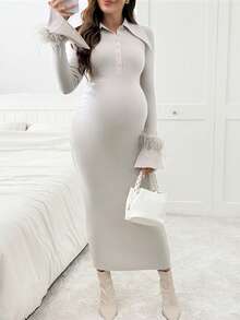 SHEIN 优雅纯色前扣长袖孕妇装 - 卡其色 - 查看 6