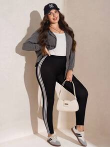 SHEIN LUNE 大码休闲运动紧身裤，适合秋冬季机场装 Barnfit 感恩节装女新年女装春夏装休闲日常穿着女式弹力针织高腰紧身紧身裤，休闲、户外运动、瑜伽，可拉伸提拉紧身裤，适合运动和瑜伽 - 黑色 - 查看 6