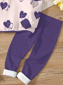 Set de 2 piezas de sudadera con cuello redondo y leggings con estampado de corazón casual y de moda para niñas preadolescentes, adecuado para otoño/invierno