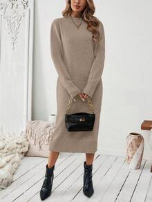SHEIN Vestido de punto de unicolor casual para mujer, versátil para otoño/invierno - Caqui - Ver 6
