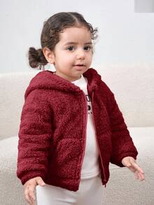 2pcs Mommy And Me Fluffy Knitted Long Sleeve Hooded Jacket Set, Autumn/Winter (Sold Separately) - Burgundy - View 4