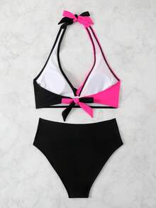 SHEIN Swim Women's Contrast Color Backless High Waist Sexy Holiday Bikini Set Summer Beach Two Pieces Swimsuit