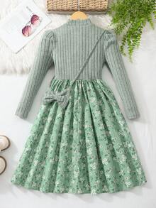 SHEIN Girls' Elegant Casual Ditsy Floral Textured Knit Patchwork Outdoor Dress - Green - View 2
