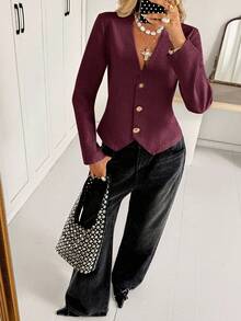 Siren Gaze Women's Elegant Metal Single-Breasted Long Sleeve Blazer, Autumn Winter Christmas Red New Year Burgundy Valentine's Day - Burgundy - View 4