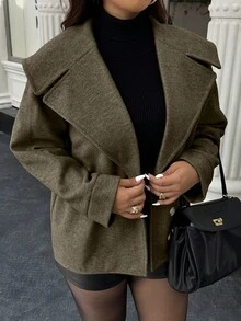 Easura معطف كاجوال أنيق بأكمام طويلة وأزرار فردية للنساء ذوات الأحجام الكبيرة، مناسب للخريف والشتاء - أخضر عسكري - مشاهدة 5