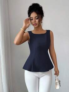 Elenzga Blusa elegante de unicolor con cuello redondo y dobladillo con volantes para uso diario - Azul Marino - Ver 5