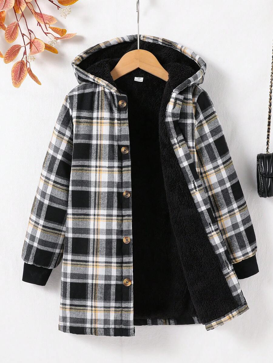 Sparklyn 少女休闲格子单排扣连帽外套，带保暖内衬，秋冬季