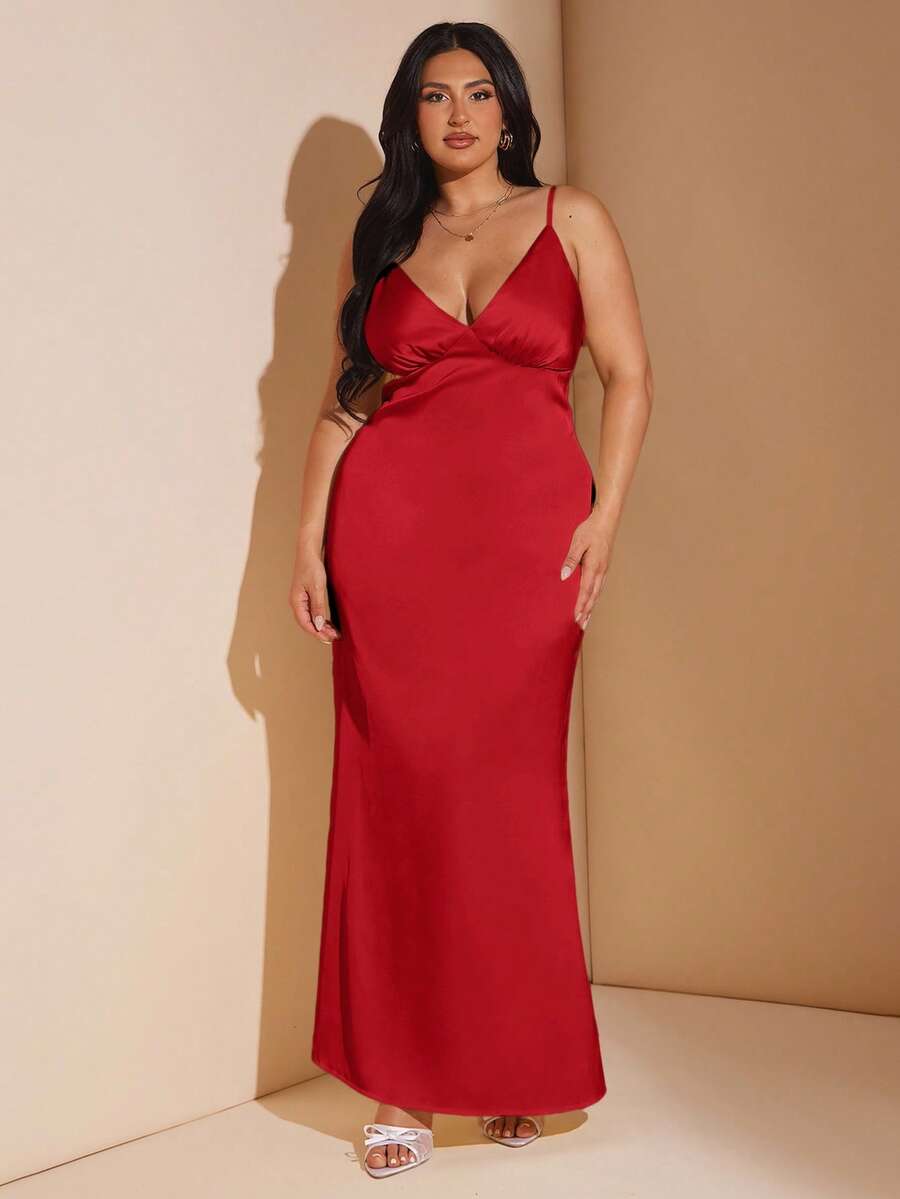 SHEIN BAE 大码纯色修身优雅露背吊带背心连衣裙 - 紅色 - 查看 1
