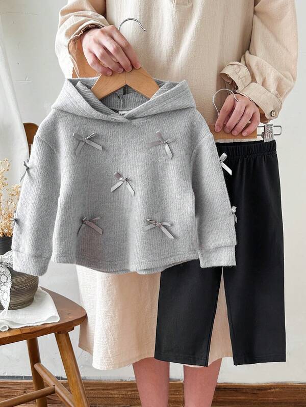 SHEIN Baby Girl 2pcs/Set Fall Outfits For Girl Casual Daily Style Loose Suit, Long Sleeves Bowknot Decoration Hooded Coat&Long Simple Basic Pants