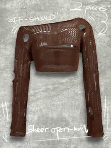 Y2Kool BiGraphic 2 件卡其色破洞女式针织长袖上衣套装棕色短款上衣棕色针织上衣破洞棕色上衣深棕色短款上衣冬季搭配理念休闲 - 卡其色 - 查看 8