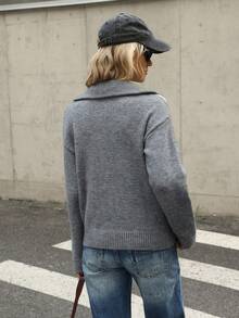 Chiquease Women's Dark Grey Knight Pattern Half-Zip Patchwork Striped Sweater - Dark Grey - View 2