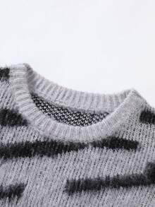 Claim Dot Men Allover Pattern Drop Shoulder Fuzzy Graphic Color Block Urban Casual Long Sleeve Chunky Sweater, For Friends, Fall/Winter - Multicolor - View 3