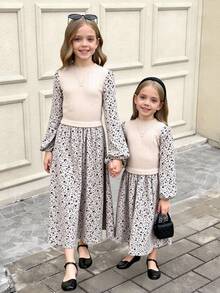 Serisse Kids 青少年女孩休闲优雅针织罗纹花卉拼布灯笼袖连衣裙，适合日常外出、旅行和度假 - 卡其色 - 查看 9